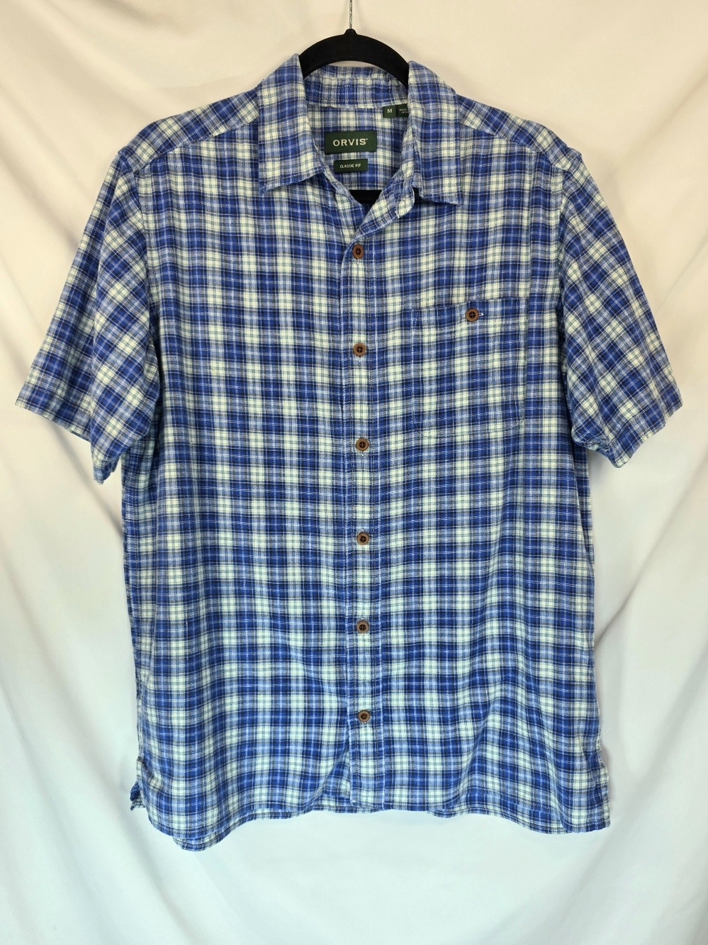 Orvis Mens Hemp Blend Plaid Button Up Shirt Sz M Blue White Classic Fit Casual